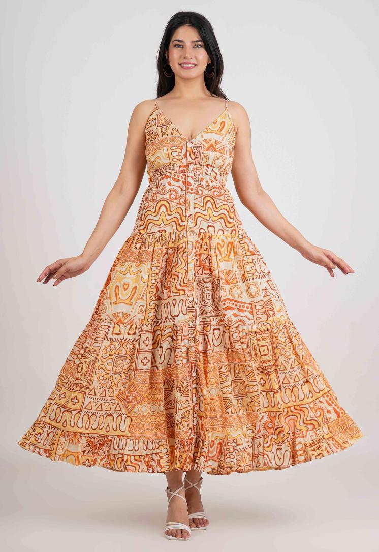 TANGERINE ESSENCE FRONT BUTTON LONG DRESS