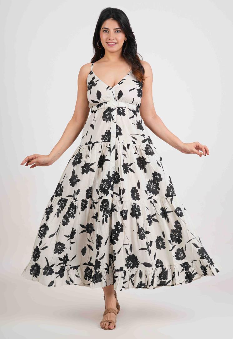 SHADOW BLOOM FRONT BUTTON LONG DRESS