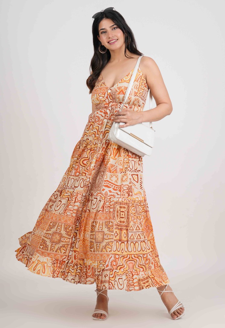 TANGERINE ESSENCE FRONT BUTTON LONG DRESS